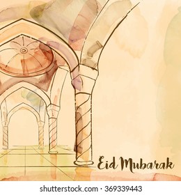 Eid Mubarak islamic greeting background vector mosque watercolor sketch - Translation of text : Eid Mubarak - Blessed festival