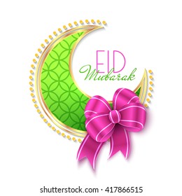 Eid Mubarak Islamic Greeting Background with moon and bow. Vector festive design