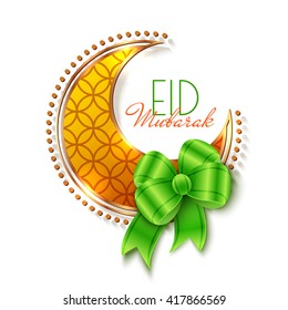 Eid Mubarak Islamic Greeting Background with crescent and bow. Vector festive design