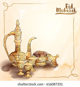 Eid Mubarak islamic greeting background with arabic traditional teapot and date fruit vector illustration