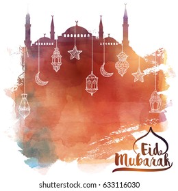 Eid Mubarak islamic greeting background arabic lantern lamp watercolor vector illustration