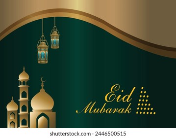 Eid Mubarak Islamic greeting banner background, holy Eid green template. Eid card or banner background