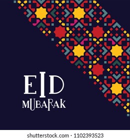 Eid mubarak islamic greeting card. Ramadan celebration template with arabic geometric traditional pattern and stars. Vector illustration