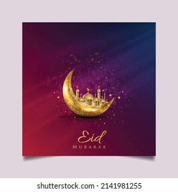 Eid mubarak islamic greeting card with golden moon and mosque , poster,  banner design, vector illustration