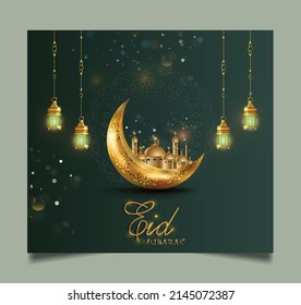 Eid mubarak islamic greeting card with golden  mosque , poster,  banner design, vector illustration
