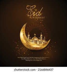 Eid mubarak islamic greeting card with golden moon and mosque , poster,  banner design, vector illustration