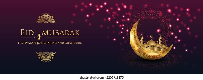 Eid mubarak islamic greeting card with golden moon and mosque , poster,  banner design, vector illustration