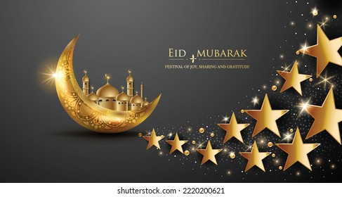 Eid mubarak islamic greeting card with golden moon, lamp  and clouds, poster,  banner design, vector illustration