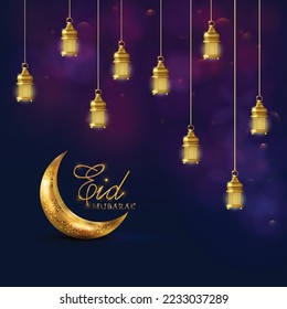 Eid mubarak islamic greeting card with golden moon, lamp  and clouds, poster,  banner design, vector illustration