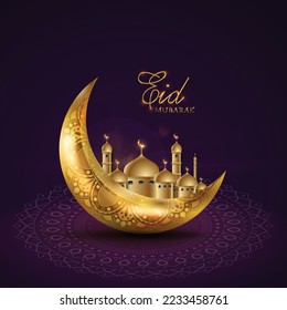 Eid mubarak islamic greeting card with golden moon and mosque , poster,  banner design, vector illustration