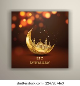 Eid mubarak islamic greeting card with golden moon and mosque , poster,  banner design, vector illustration