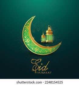 Eid mubarak islamic greeting card with golden moon and lamp, poster,  banner design, vector illustration