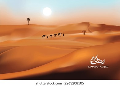 Eid mubarak islamic greeting card template arabic desert ramadan Kareem vector illustration