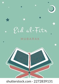 Eid Mubarak. Islamische Grußkarte mit Koran auf Eid al Fitr. Vektorgrafik in grünen Farben für Grußkarten, Poster und Banner.