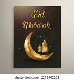 Eid mubarak islamic greeting card with golden moon and lamp, poster,  banner design, vector illustration