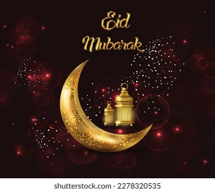 Eid mubarak islamic greeting card with golden moon and lamp, poster,  banner design, vector illustration