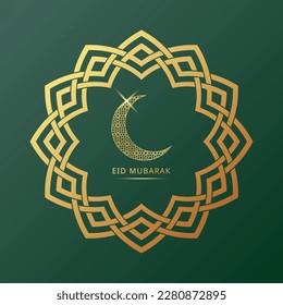 Ilustración vectorial de la tarjeta de felicitación islámica Eid Mubarak. patrón abstracto sin fisuras con caligrafía de luna creciente dorada	
