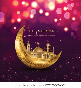 Eid mubarak islamic greeting card with golden moon, poster,  banner design, vector illustration