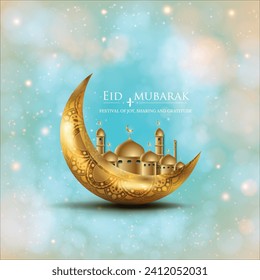 Eid mubarak islamic greeting card with golden moon, poster,  banner design, vector illustration