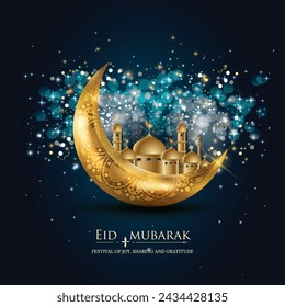 Eid mubarak islamic greeting card with golden  mosque , poster,  banner design, vector illustration