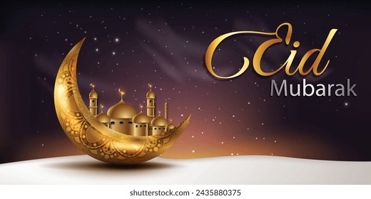 Eid mubarak islamic greeting card with golden moon and mosque , poster,  banner design, vector illustration