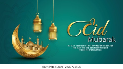 Eid mubarak islamic greeting card with golden moon and mosque , poster,  banner design, vector illustration