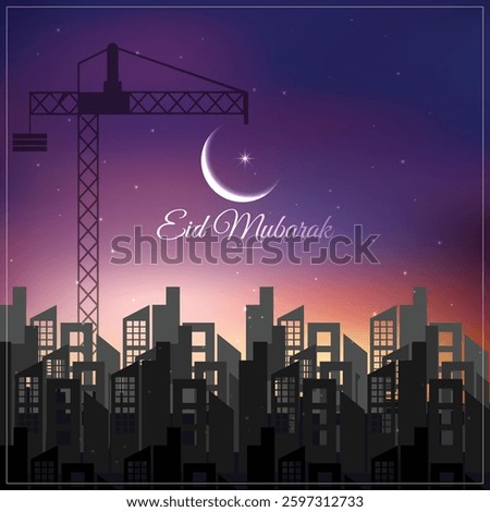 Eid Mubarak Islamic greeting card with moon and construction real estate vector illustration