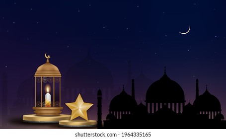 Eid Mubarak islamic greeting card,3D Podium with traditional Islamic lantern,Candle, Golden Crescent Moon and Star with silhouette Mosque background, Banner design for Muslim community festival