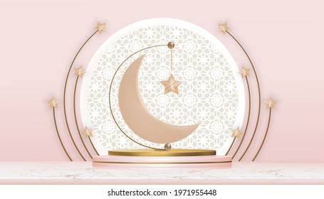 Eid Mubarak Islamic Greeting Design With Crescent Moon And Star Hanging On 3D Podium On Lantern Pattern Background.Vector Backdrop Of Religions Of Muslim Symbolic For Eid Iftar, Ramadan Kareem