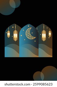 Eid Mubarak Islamic greeting modern style background Simple, elegant Islamic mosque moon, star, Windows and arches  for Ramadan Eid Mubarak or any Islamic event mobile wallpaper and background 