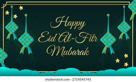 Eid Mubarak, modelo de saudação islâmica com Ketupat (Bolo de arroz indonésio). Feliz Eid Mubarak modelo editável saudações para Eid al-Fitr e Eid al-Adha banners, cartão postal, anúncios.