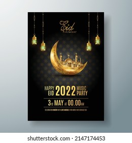 Eid mubarak islamic Einladungskarte mit goldener Moschee , Poster, Banner Design, Vektorgrafik