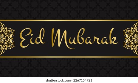 Eid mubarak. Islamic luxury background design with lettering text in golden color and ornament. Suitable for the celebration of the month of Eid Alfitr and Eid Adha in the Muslim community.