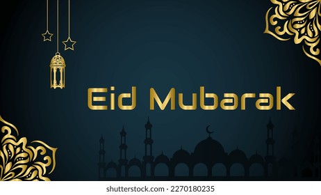 Eid mubarak. Diseño islámico de fondo de lujo con letras en color dorado y adorno. Adecuado para la celebración del mes de Eid Alfitr y Eid Adha en la comunidad musulmana.
