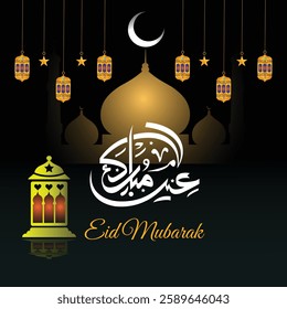 Eid Mubarak Islamic luxury greeting background with lump, mosque, moot, stars, with beautiful Arabic typography vector illustration   