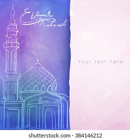 Eid Mubarak islamic mosque sketch for greeting template - Translation of text : Eid Mubarak - Blessed festival