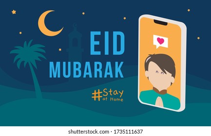 Eid Mubarak Islamic Night with Man in Poncel Template Background Stay at Home Vector Design