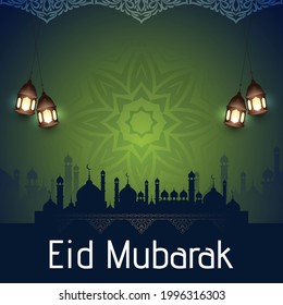 Eid Mubarak Islamic on the beautiful night with moon , Eid al fit happy holiday design greeting card banner background , vector illustration