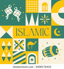 Eid Mubarak Patrón islámico sin fisuras en postal de estilo escandinavo con diseño de concepto Retro limpio