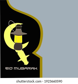 Eid Mubarak Carta islámica de saludo simple con linterna y elementos lunares en fondo gris y negro adecuada para medios sociales, carteles, etc.