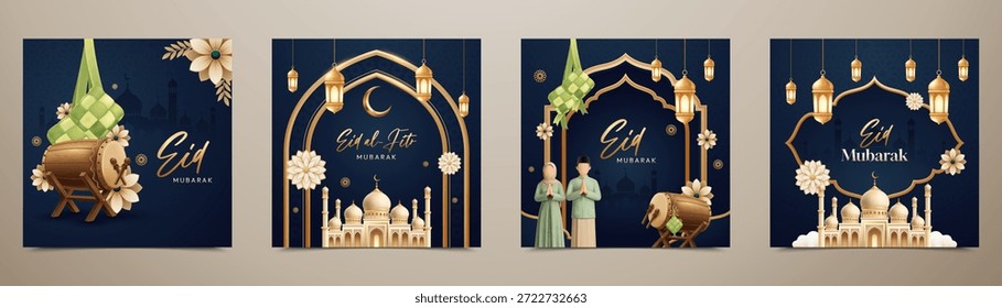 Post de la Plaza Islámica de Eid Mubarak en medios sociales con mezquita, pareja musulmana, tambor beduino y ketupat