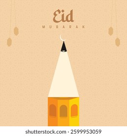 Eid mubarak islamic style education pencil concept with geometric pattern and hanging latern lights