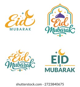 Eid Mubarak Islamic Typography Logo Set with Crescent Moon and Mosque Vector