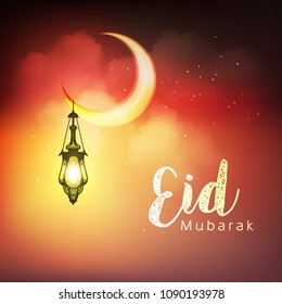 Eid Mubarak Islamic vector design greeting card template with arabic calligraphy ,beautiful illuminated arabic lamp and hand drawn 
calligraphy lettering for Saudi Arabia and muslim festival EID