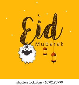 Eid Mubarak Islamic vector design greeting card template with arabic calligraphy ,beautiful illuminated arabic lamp and hand drawn 
calligraphy lettering for Saudi Arabia and muslim festival EID