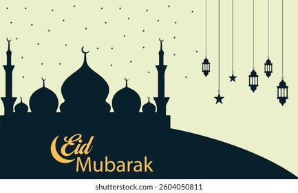 Eid mubarak islamic vector with mosque, greeting card, background for graphic design vector illustration.
