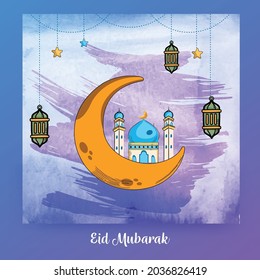 Eid mubarak islámico con fondo de color de agua , tarjeta de saludo , afiche, diseño de banner, ilustración vectorial