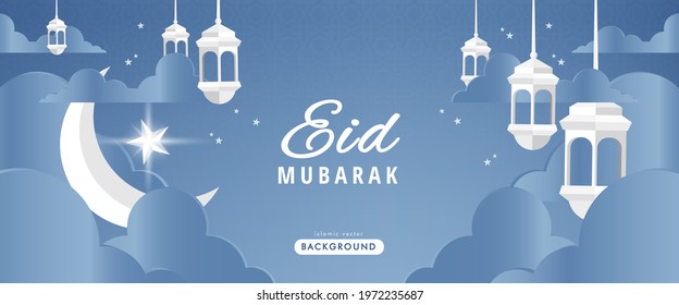 Eid Mubarak Landscape greeting design background. Display the gretting card with hanging lanterns and the moon behind the clouds
