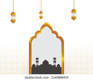 Eid mubarak with lantern, arabic door, arabic calligraphy,
and mosque building