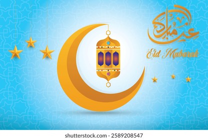 Eid Mubarak lantern background design with moon, stars, lumps, typography with blue and wight  background with vector illustration 